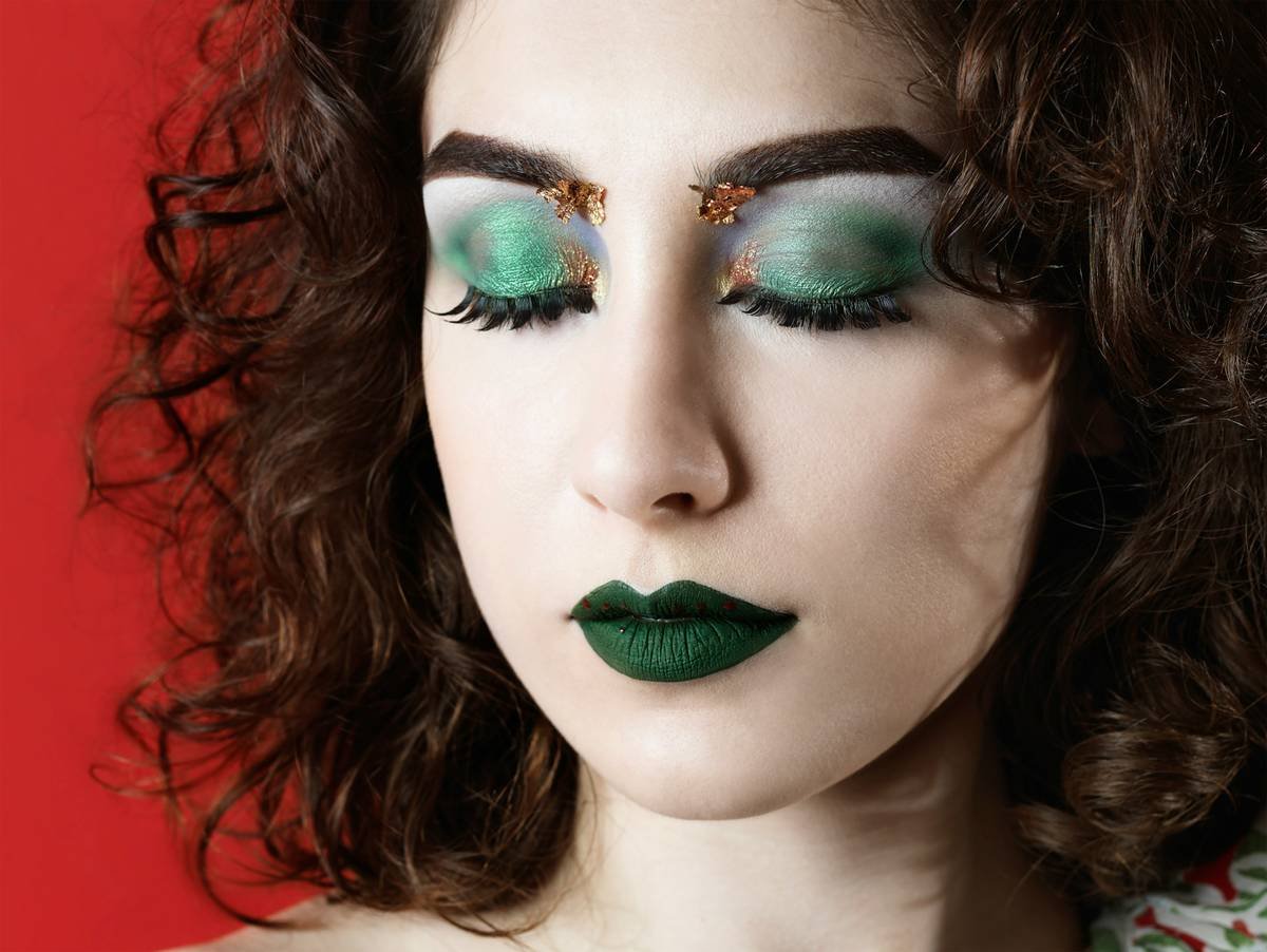 Close-up of festive lip colors showing longevity after 6 hours of wear during party